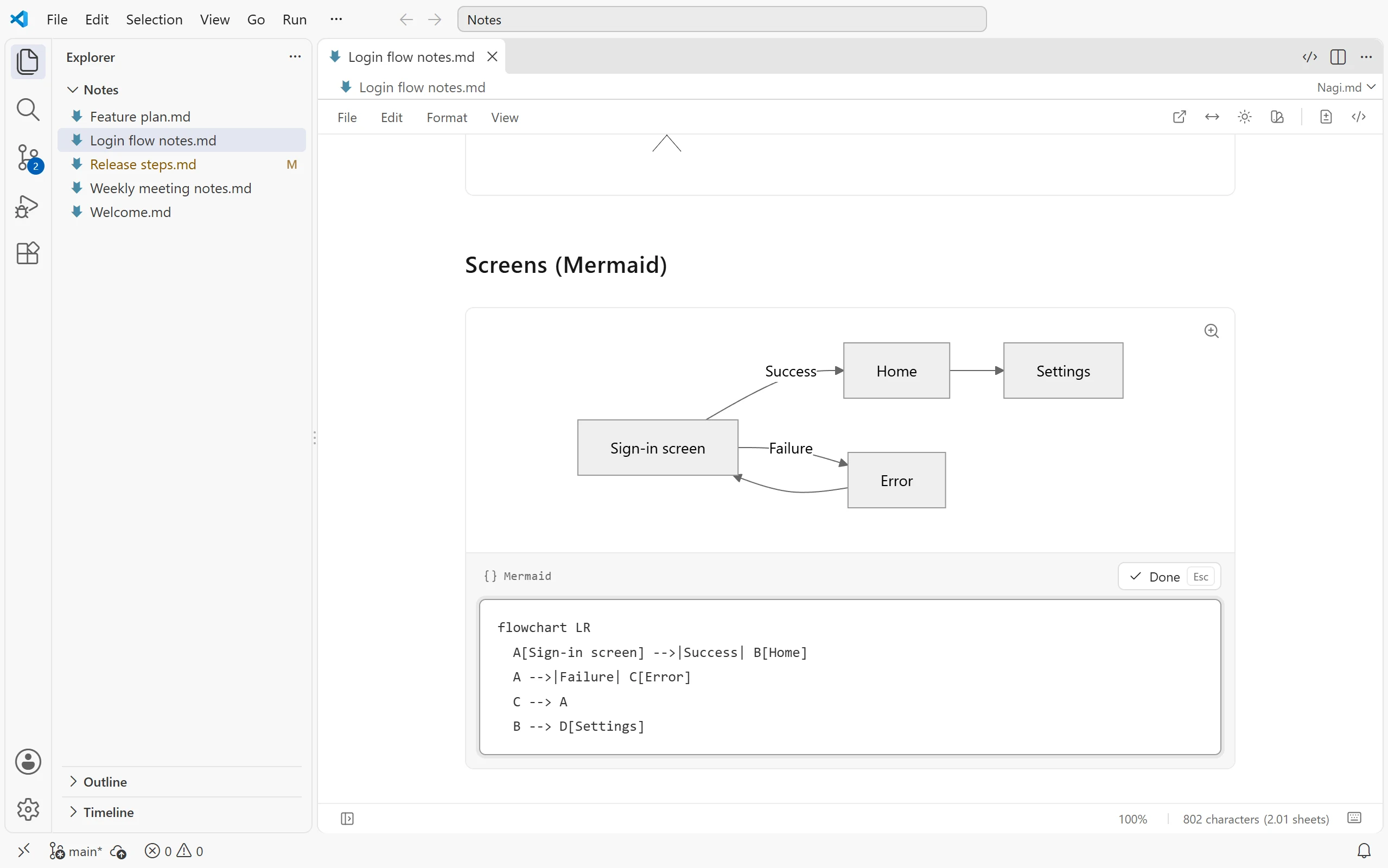 Editing a Mermaid definition in VS Code with the updated diagram shown above it