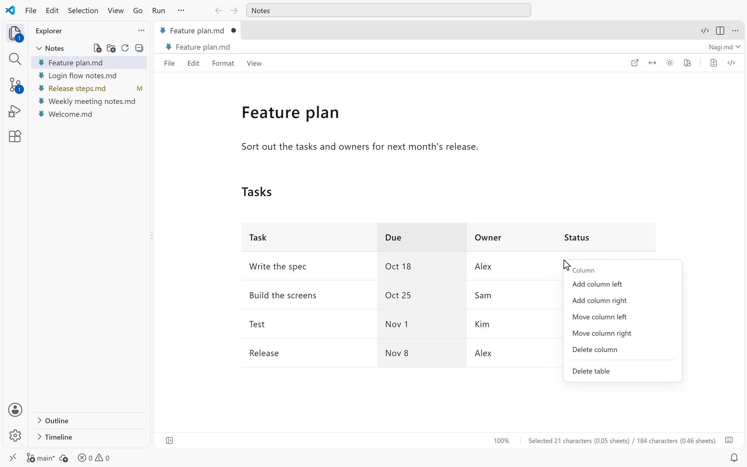 Reordering table columns in Nagi.md inside VS Code and opening the column context menu