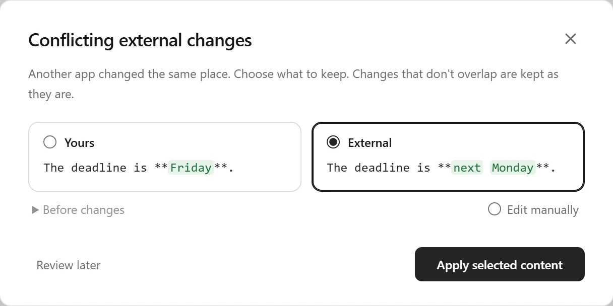 The conflict comparison showing your content and the external content side by side with the differing words highlighted; click one of them or choose to edit manually